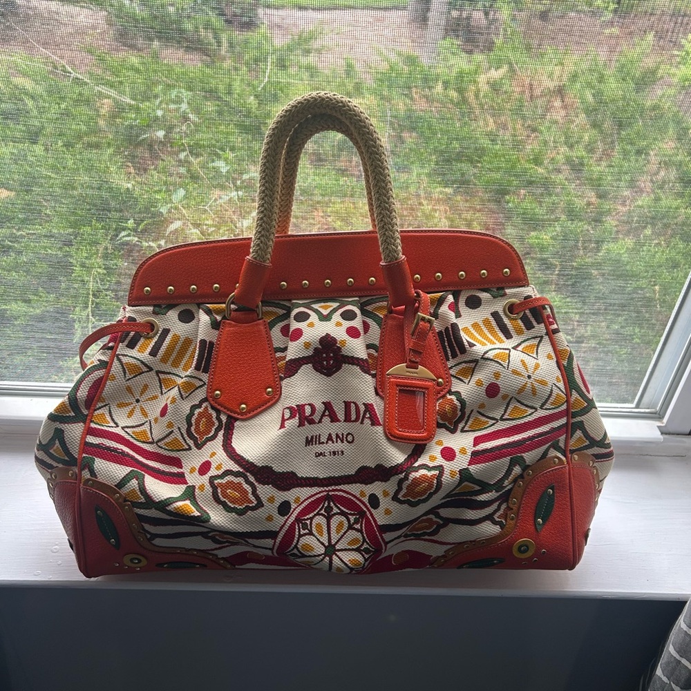 Prada Orange Trim Multicolor Printed Canvas Tote - Picture 2 of 7